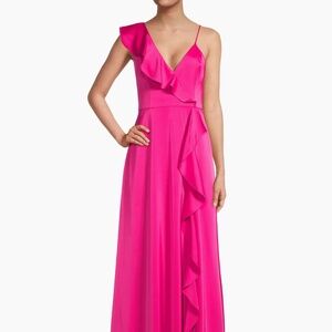 Liv Foster Pink V-Neck Satin Gown with Flare